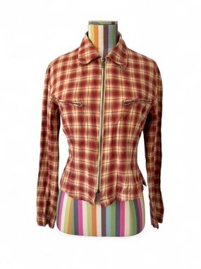 Vintage Bleu Cafe Plaid Cropped Zip Up Collared Shirt Blouse